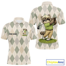 Load image into Gallery viewer, Personalized Raccoon Golfer Polo Shirt Funny Golf Argyle Pattern Custom Name Golf Lover Gift 