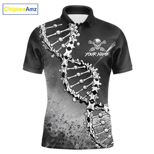 Custom Black Grey Mens Golf Polo Shirt DNA Skull Design, Personalized Name Golf Shirt, Golf Team Shirt NHT793