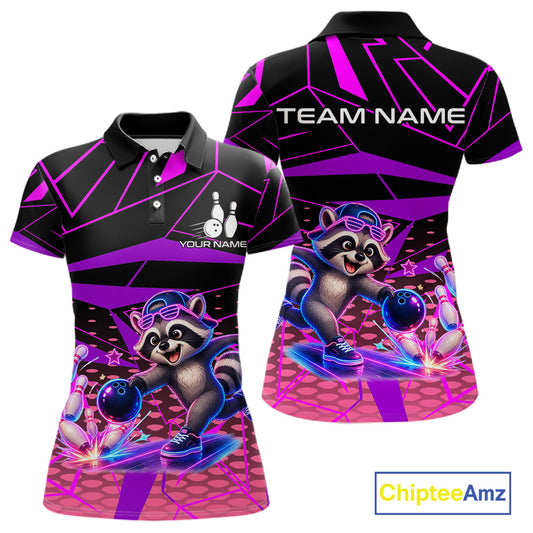 Custom Neon Raccoon Bowling Jersey for Women | Personalized Team Polo