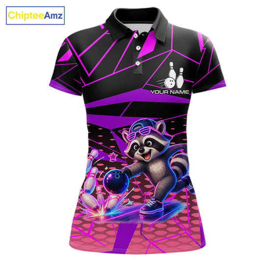 Custom Neon Raccoon Bowling Jersey for Women | Personalized Team Polo