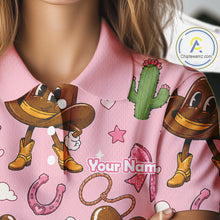 Load image into Gallery viewer, Personalized Women’s Western Polo Shirt Retro Pink Cowgirl Cartoon Pattern Custom Name