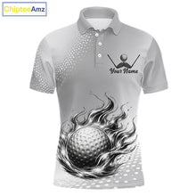 Load image into Gallery viewer, Personalized Flaming Golf Ball Mens Polo Shirt Gray Fire Design Custom Name Golf Shirts For Team NHT619