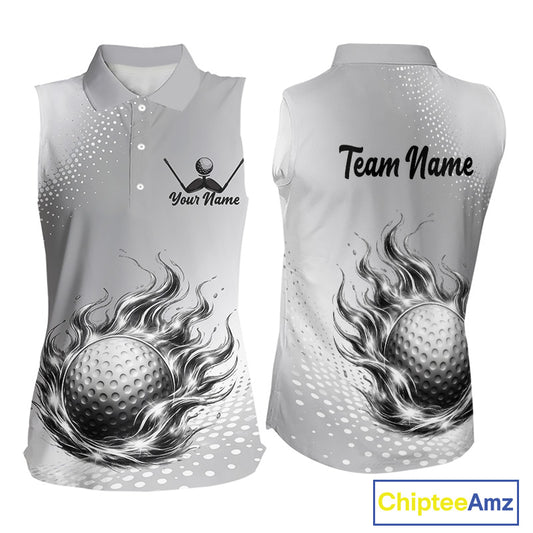 Personalized Flaming Golf Ball Sleeveless Polo Shirt Gray Fire Design Custom Name Golf Shirts For Team NHT619