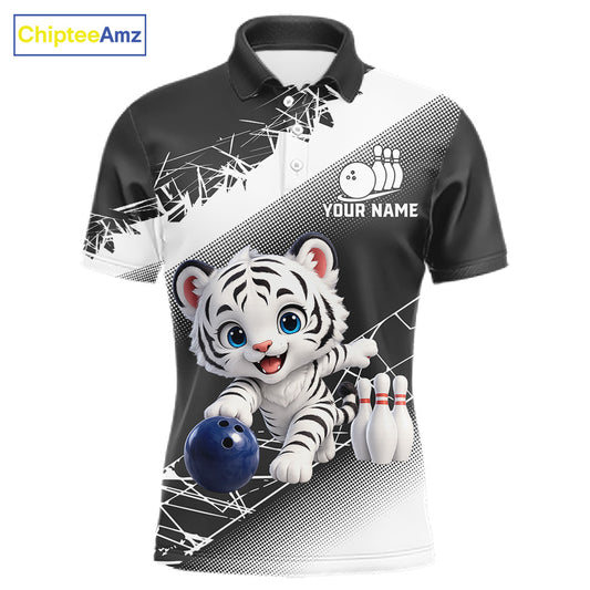 Custom White Black Cute Tiger Personalized Bowling Polo & Quarter-Zip Shirt For Men 