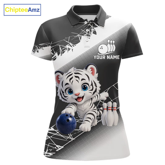 Custom White Black Cute Tiger Personalized Bowling Polo & Quarter-Zip Shirt For Women 