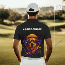 Load image into Gallery viewer, Man wearing a black polo shirt with a colorful dog graphic and 'TEAM NAME' text on a golf course.