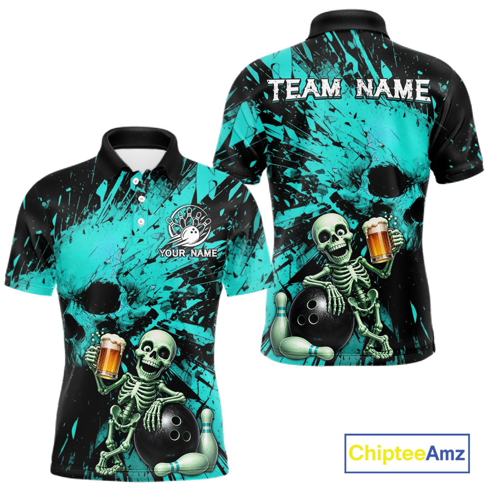 Teal and black polo shirt with skeleton design and 'Team Name' text on a white background.