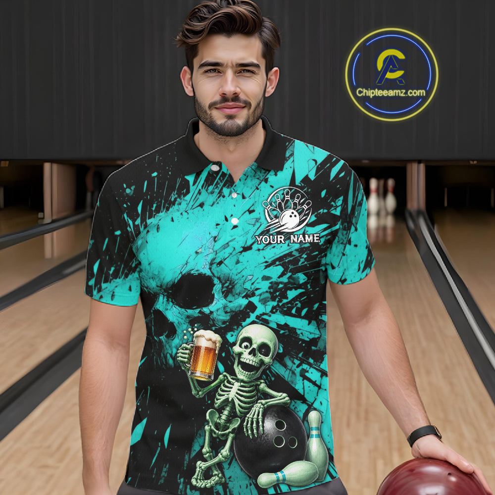 Man wearing a custom bowling shirt with a skeleton design in a bowling alley.