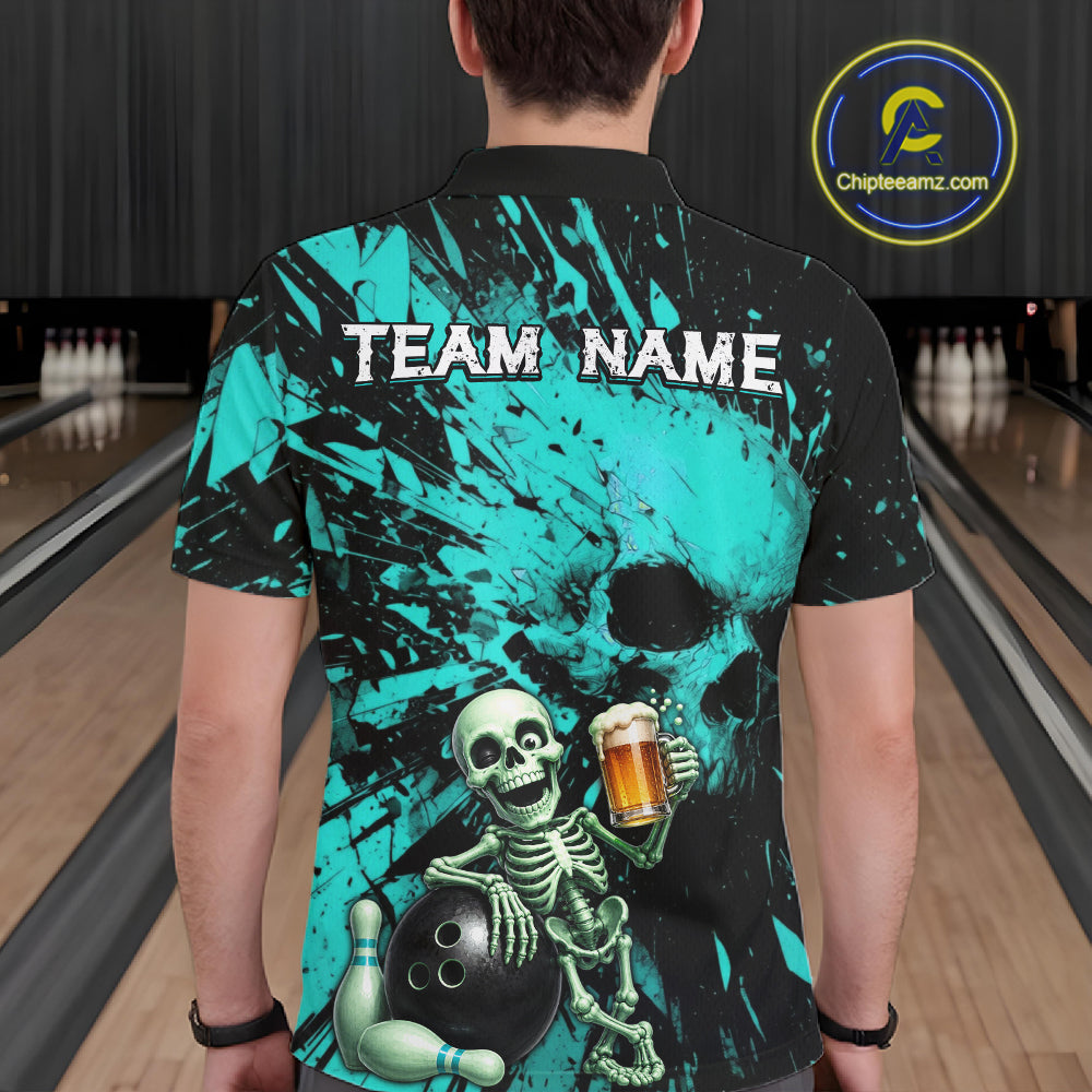 Person wearing a black and teal bowling shirt with a skeleton holding a beer and a bowling ball, standing in a bowling alley.