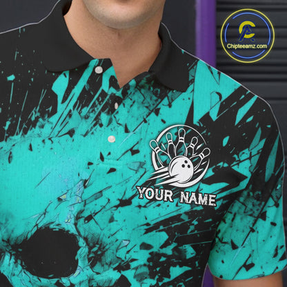 Teal and black splatter patterned polo shirt with bowling design and customizable text on a blurred background.