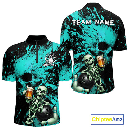 Teal and black bowling shirt with skeleton design and 'Chiptee Amz' branding.