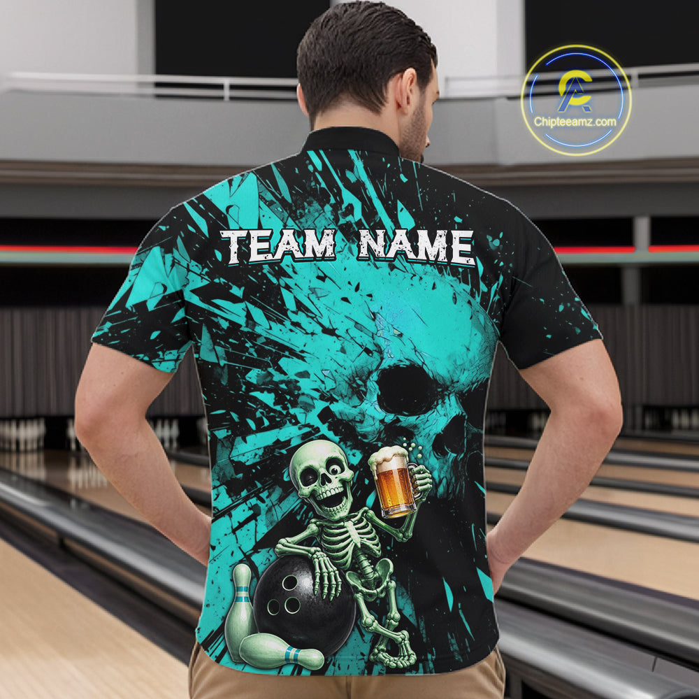Person wearing a black and teal bowling shirt with a skeleton design and 'TEAM NAME' text at a bowling alley.