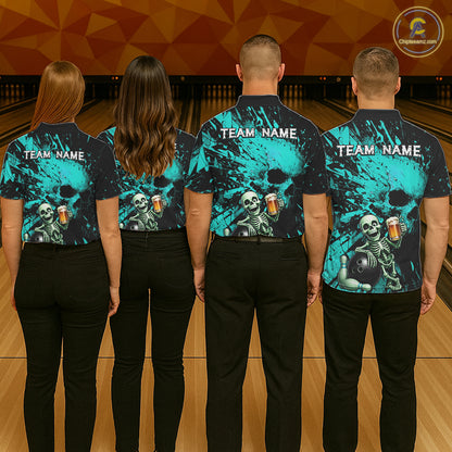 Custom Skeleton Beer Bowling Jersey, Turquoise Splatter Skull Polo & Quarter-Zip Shirt Gift For Men NHT1166