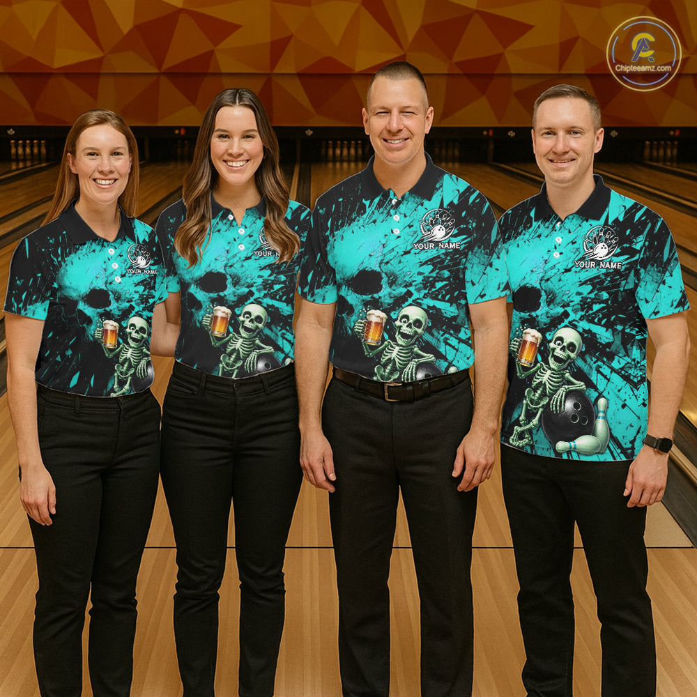 Custom Skeleton Beer Bowling Jersey, Turquoise Splatter Skull Polo & Quarter-Zip Shirt Gift For Men NHT1166