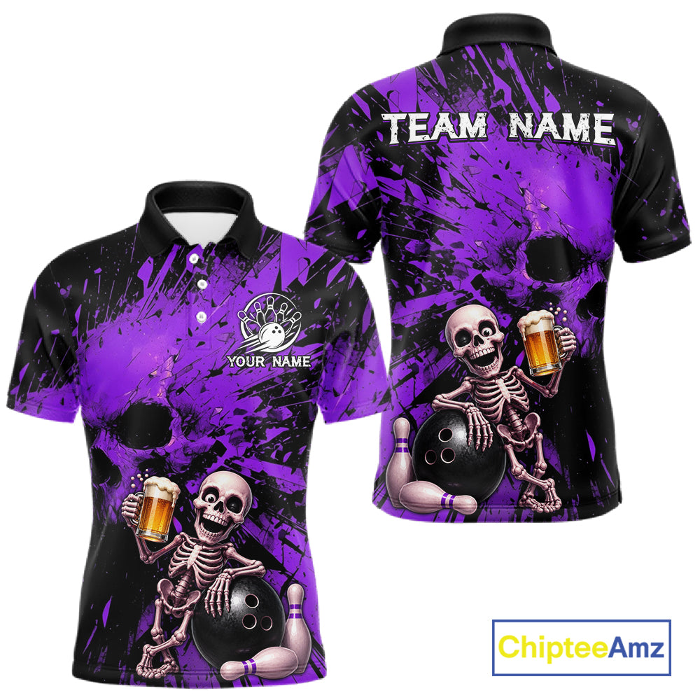 Custom Skeleton Beer Bowling Jersey, Purple Splatter Skull Polo & Quarter-Zip Shirt Gift For Men 