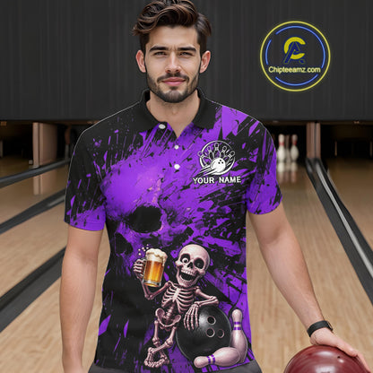 Man wearing a purple and black bowling-themed shirt with a skeleton holding a beer and bowling ball, standing in a bowling alley.