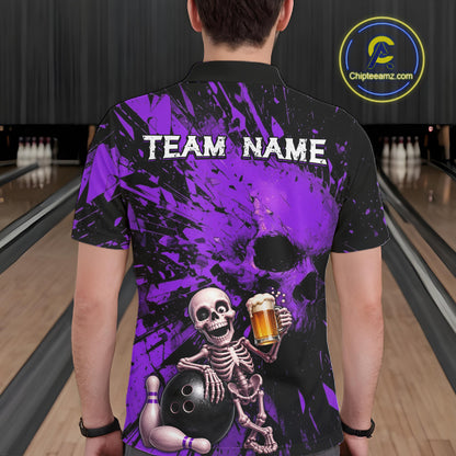 Person wearing a bowling shirt with a skeleton holding a beer and a bowling ball, on a bowling alley.