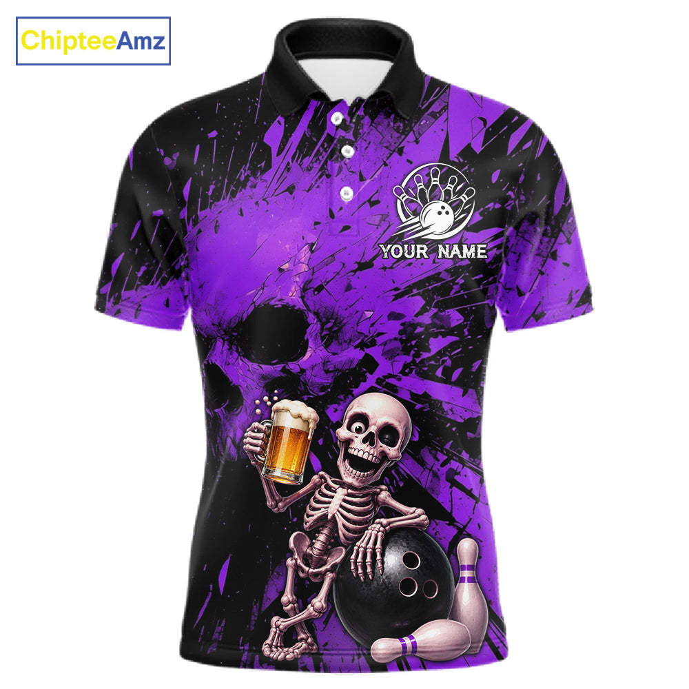 Custom Skeleton Beer Bowling Jersey, Purple Splatter Skull Polo & Quarter-Zip Shirt Gift For Men 
