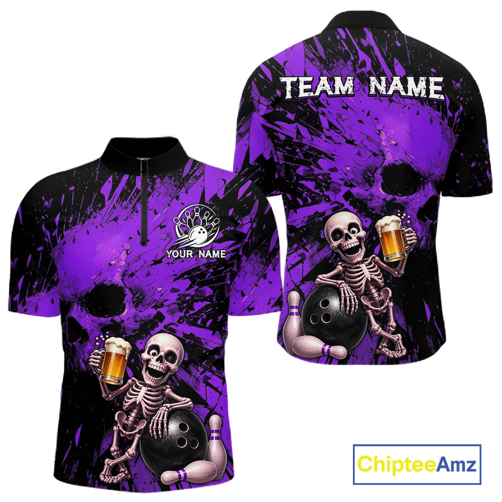 Purple and black bowling shirt with skeleton design and 'Team Name' text, featuring Chiptee Amz branding.