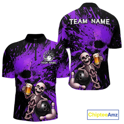 Purple and black bowling shirt with skeleton design and 'Team Name' text, featuring Chiptee Amz branding.
