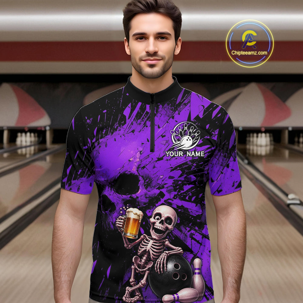 Man wearing a purple and black bowling shirt with a skeleton design in a bowling alley.