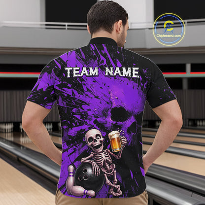 Custom Skeleton Beer Bowling Jersey, Purple Splatter Skull Polo & Quarter-Zip Shirt Gift For Men NHT1168