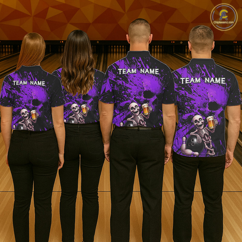 Custom Skeleton Beer Bowling Jersey, Purple Splatter Skull Polo & Quarter-Zip Shirt Gift For Men NHT1168