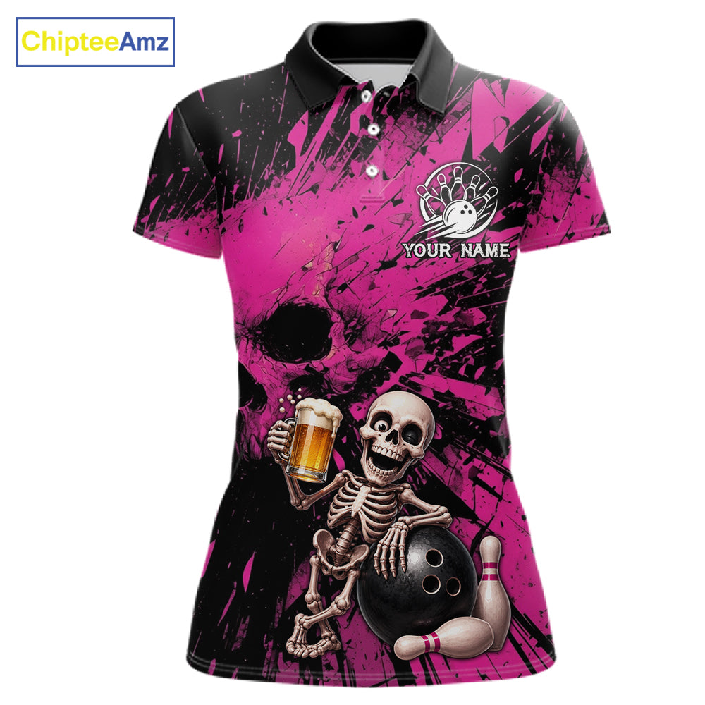 Custom Skeleton Beer Bowling Jersey, Pink Splatter Skull Polo & Quarter-Zip Shirt Gift For Women 