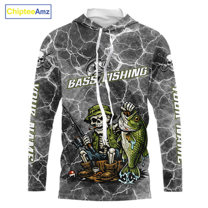 Custom Camo Gray Fish Reaper Skull Bass Hooded Long Sleeve Fishing Shirt, Bass Hunter Fishing Jerseys NHT678