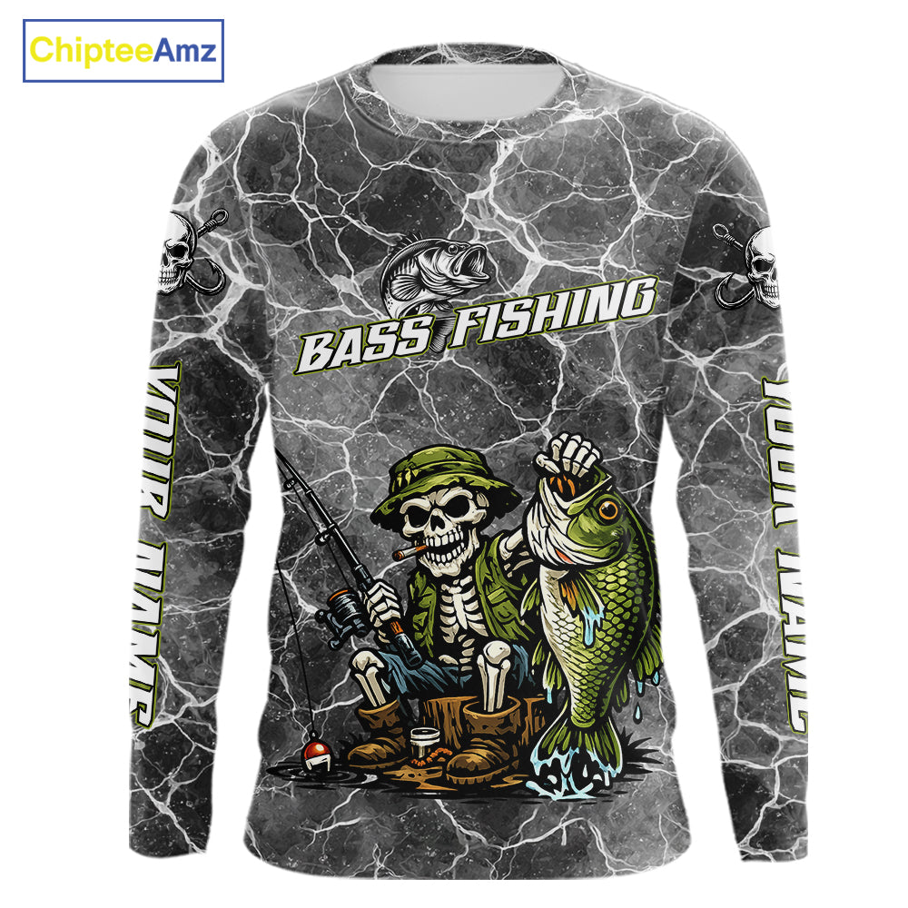 Custom Camo Gray Fish Reaper Skull Bass Long Sleeve Fishing Shirt, Bass Hunter Fishing Jerseys NHT678