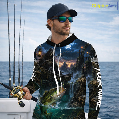 Grim Reaper Fishing Jersey, Largemouth Bass Long Sleeve Hooded UV Performance Shirt For Men 