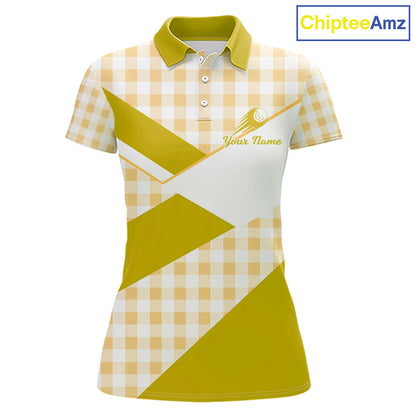 Custom Women’s Yellow Gingham Plaid Golf Polo Shirts– Personalized Ladies Golf Apparel NHT717