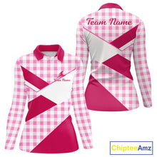 Load image into Gallery viewer, Custom Women’s Pink Gingham Plaid Golf Polo Shirts– Personalized Ladies Golf Apparel NHT719