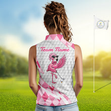 Load image into Gallery viewer, Pink Argyle Plaid Pattern Funny Flamingo Golf Wine Sleeveless Womens  Golf Polos Shirt Custom Funny Golf Shirt For Ladies NHT738