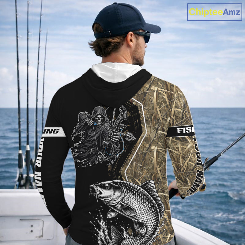 Bowfishing Shirt With Grim Reaper & Carp Fish Camo Design, Fishing Shirts Hooded Long Sleeve For Men NHT1371