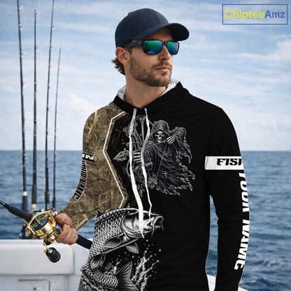 Bowfishing Shirt With Grim Reaper & Carp Fish Camo Design, Fishing Shirts Hooded Long Sleeve For Men NHT1371