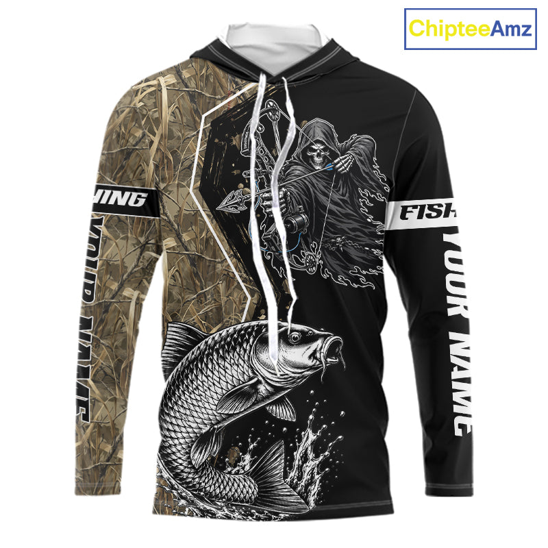 Bowfishing Shirt With Grim Reaper & Carp Fish Camo Design, Fishing Shirts Hooded Long Sleeve For Men NHT1371