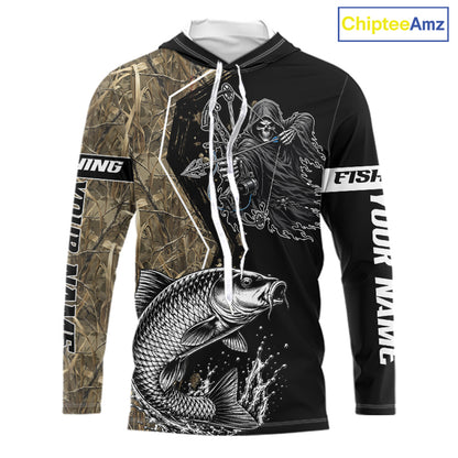 Bowfishing Shirt With Grim Reaper & Carp Fish Camo Design, Fishing Shirts Hooded Long Sleeve For Men NHT1371
