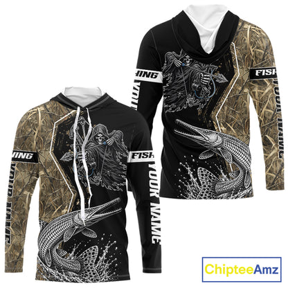 Bowfishing Shirt With Grim Reaper & Alligator Gar Fish Camo Design, Fishing Shirts Hooded For Men NHT1372