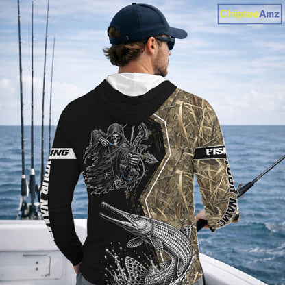 Bowfishing Shirt With Grim Reaper & Alligator Gar Fish Camo Design, Fishing Shirts Hooded For Men NHT1372