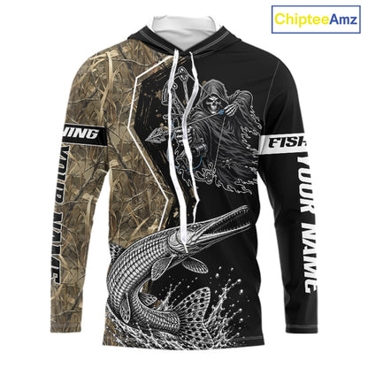 Bowfishing Shirt With Grim Reaper & Alligator Gar Fish Camo Design, Fishing Shirts Hooded For Men NHT1372