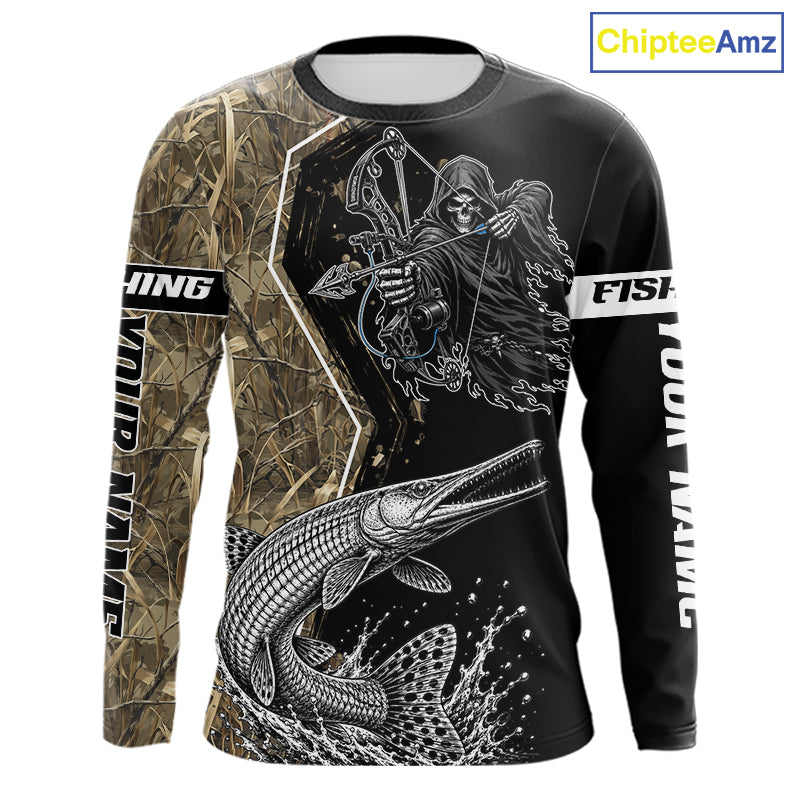 Bowfishing Shirt With Grim Reaper & Alligator Gar Fish Camo Design, Fishing Shirts For Men NHT1372