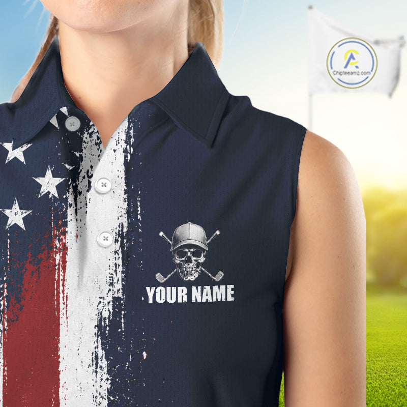 Personalized Skull Eagle Womens Sleeveless Golf Polo Shirt American Flag Patriotic Golf Shirt Custom Name 