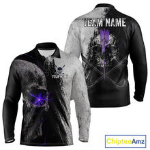 Load image into Gallery viewer, Personalized Skull Mens Golf Polo Shirt Purple Lightning Custom Team Name Golf Shirt 