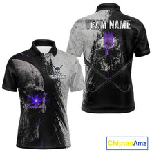 Load image into Gallery viewer, Personalized Skull Mens Golf Polo Shirt Purple Lightning Custom Team Name Golf Shirt 