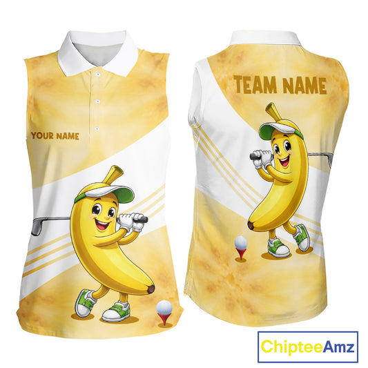 Funny Banana Womens Sleeveless Golf Polo Shirt Custom Name – Cute Banana Golfer Golf Polo 