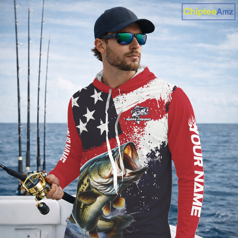 Personalized Bass Fishing Jerseys, Custom American Flag Bass Fishing Shirts Long Sleeve NHT414