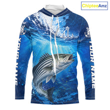 Load image into Gallery viewer, Striped Bass Fishing Jersey Ocean Blue 3D All Over Print Long Sleeve Hooded Performance Shirt NHT1084
