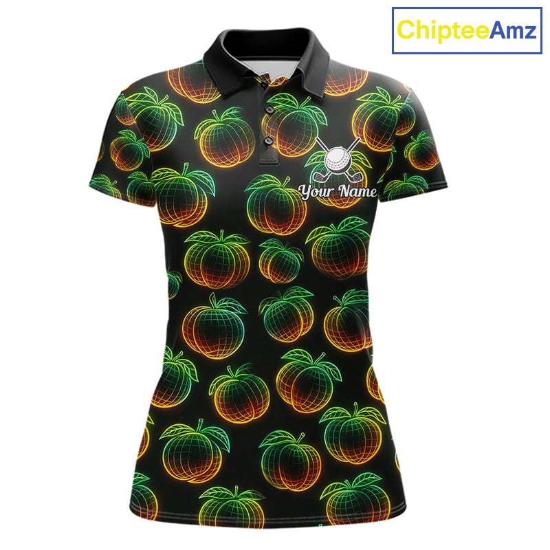 Funny Neon Colorful Peach In Dark Golf Women's Polo Shirt,  Funny Fruit Pattern Polo Top NHT578