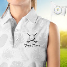 Load image into Gallery viewer, Sleeveless Womens Golf Polo Shirts Custom Gray Tropical Leaves Golf Shirts, Best Womens Golf Wears NHT783